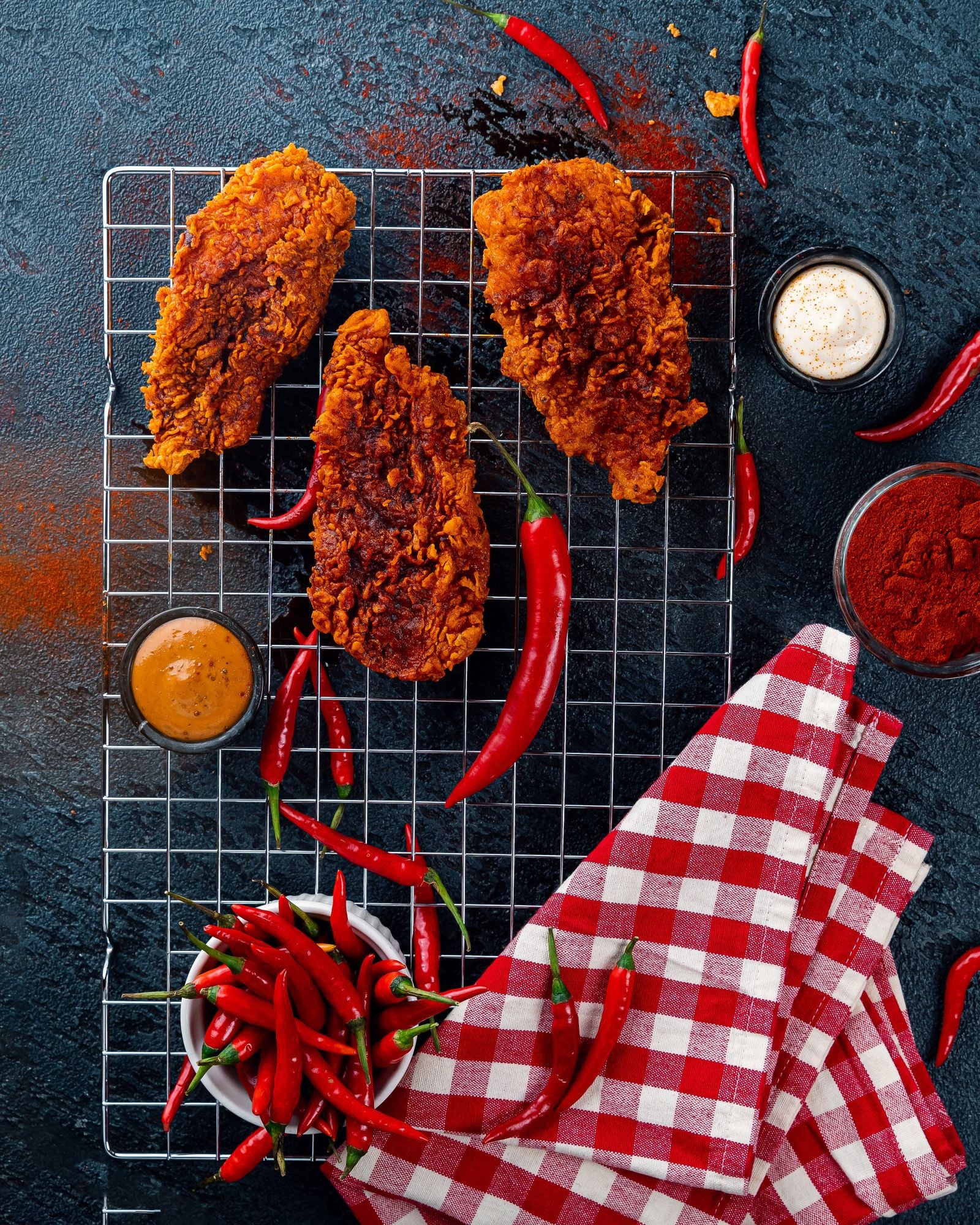 Three pieces of Nashville hot fried chicken with a deep red-orange chilli crust resting on a wire cooling rack, surrounded by red chillies, a bowl of paprika and dipping sauces on a dark slate surface