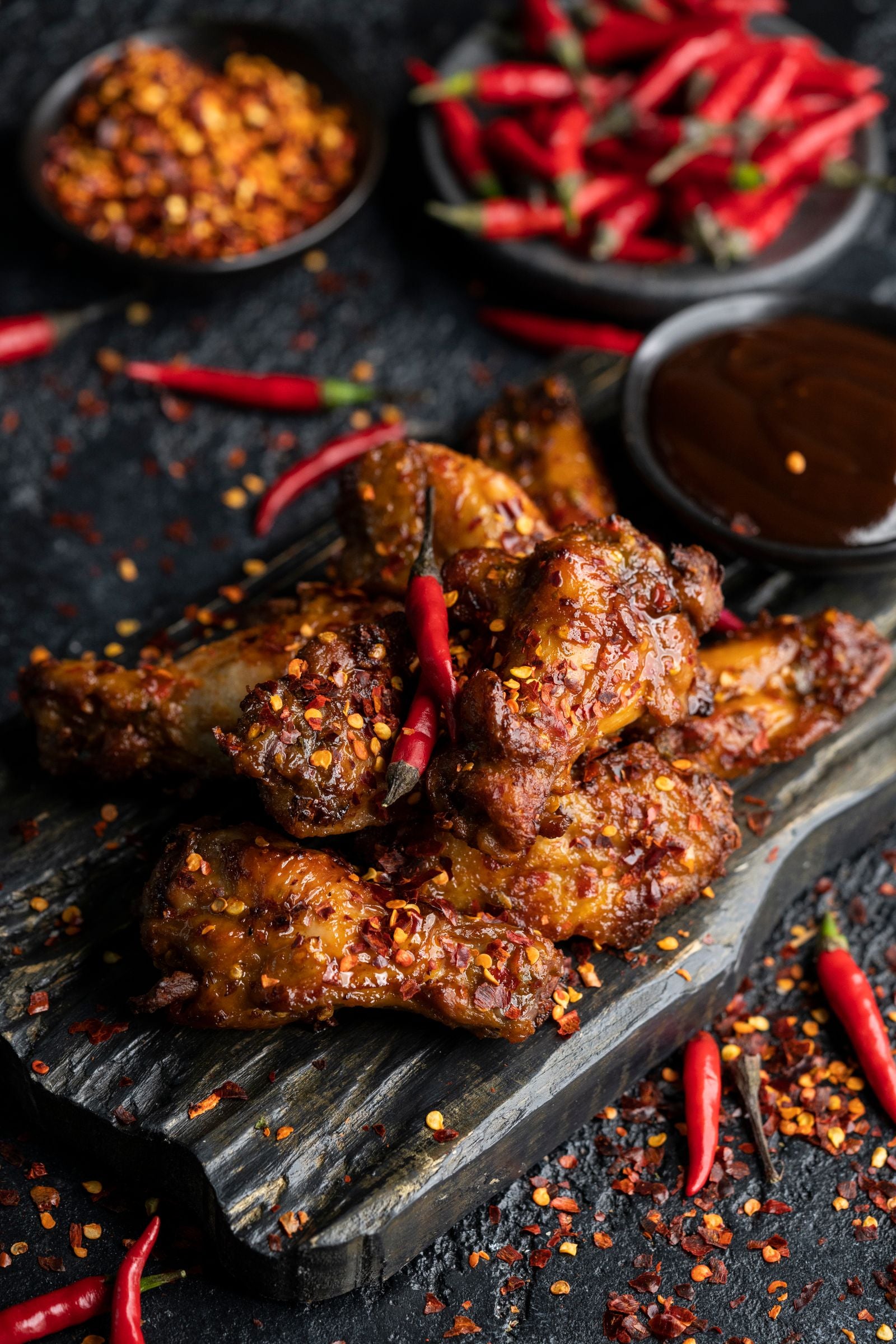 Glossy chilli-glazed chicken wings on a charred wooden board, scattered with crushed red chilli flakes and whole red chillies, with bowls of chilli flakes and dark sauce on a slate surface